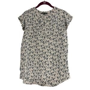 Adrianna Papell Short Sleeve White Blue Floral Blouse Top Size M